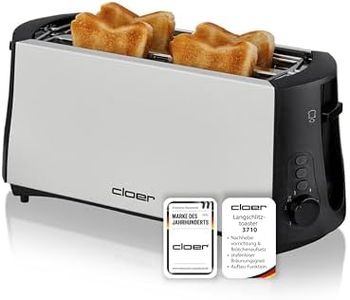 Cloer 3710 Langschlitztoaster für 4 Toastscheiben, Toaster mit Brötchenaufsatz, Nachhebevorrichtung, stufenlosem Bräunungsgrad, Sicherheitsabschaltung, Auftau-Funktion und Krümelschublade, 1380 W