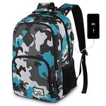 17 Inch School Backpack for Teen Boys,Bookbag for High School College Backpack with USB,Camouflage Blue