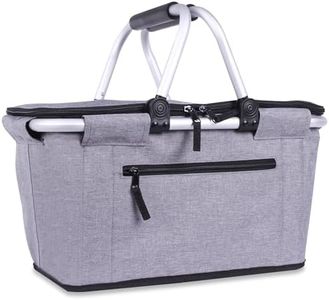Picnic Basket, SIYUAN Collapsible Shopping Basket Insulated with 2 Handles 27L Large Cooler with Lid Portable Folding Grocery Market Tote Bag, Grey