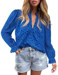 PRETTYGARDEN Women's Dressy Casual Blouse Tops Fall Puff Long Sleeve Button V Neck Hollow Out Lace Embroidered Shirts (Blue,Medium)