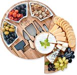 IKTU Bamboo Cheese Board Set, Serving Tray and Cheese Serving Platter, Round Cheese Board and Cheese Knife Set Tray