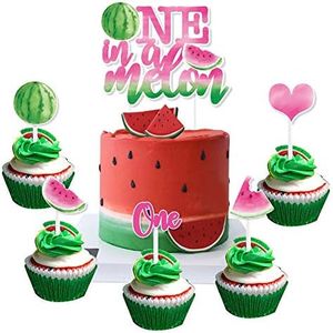 WERNNSAI Watermelon Cake and Cupcake Toppers - Pack of 31PCS One In A Melon Cake Topper for Girls 1st Birthday Summer Tropical Fruit Watermelon Themed Party Cupcake Topper Picks Decorations