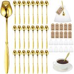 Roshtia 50 Sets Rose Flower Shaped Tea Spoons Wedding Favor for Guests 5.2" Gold Flower Dessert Mini Teaspoon with 50 Gift Tag and 50 Organza Bag for Tea Party Bridal Shower Guest Souvenir