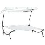 Outsunny Double Chaise Outdoor Lounge Bed with Canopy and Headrest Pillow, Portable Patio Sunbed Hammock Lounger, Cream White