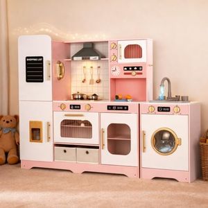 Kiddokidz Interactive Wooden Play Kitchen for Kids, Extra-Large Indoor Toy Kitchen Set with Storage, Running Water Sink, Light & Sound Range Hood, Ice Maker & Washing Machine, Sakura Pink