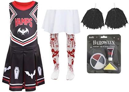 Abito da Cheerleader vampiro di Halloween, XL, 13-14 anni, nero con pompon neri, collant sanguinanti, sangue finto e pittura per il viso