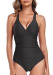 Vevarble Swimming Costume Women Shaping V Neck One Piece Swimsuit Cross-Back Straps Tummy Control Swimwear Bathing Suit (Black-M)