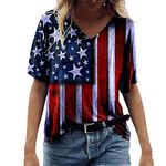 CGGMVCG July 4th Shirts for Women Summer Simple Casual V Neck Short Sleeve Tops Colorful American Flag Tops for Women, Wine, Large