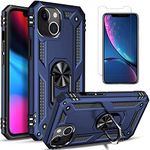 STARSHOP iPhone 14 Case, with [Tempered Glass Screen Protector Included], Military Grade Shockproof Drop Protection Phone Cover with Metal-Rotatable Ring Kickstand, for iPhone 14 - Navy