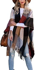 CiCiBird Women Buffalo Plaid Blanket Poncho Plus Size Fleece Kimono Sweaters Knit Fringe Shawl Wraps Warm Capes, Brwon, One Size