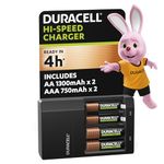 DURACELL Hi-Speed Battery Charger, 4 hours, Compatible with AA and AAA NiMh Batteries, 2x AA 1300mAh and 2x AAA 750 mAh, Rechargeable Batteries Included