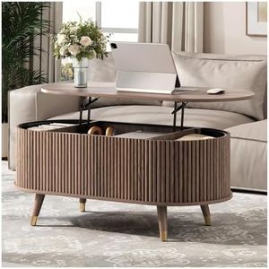 Oval Coffee Table with Lifting Top,42.5” Fluted Center Table with Hidden Compartment & Solid Wood Legs,Mid Century Modern Accent Coffee Tables for Living Room,Apartment,Walnut