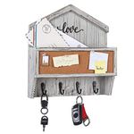 J JACKCUBE DESIGN Wall Mounted Rustic White Wash Mail and Key Holder, Wooden Floating Organiser with Mail Storage, 4 Key Holders and Pin Board for Entryway, Mud Room, Living Room, Office-MK623A