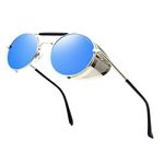 ANDOILT Steampunk Style Round Sunglasses for Men Women Vintage Retro Eyewear Matel Frame UV400 Protection Silver frame Blue lens