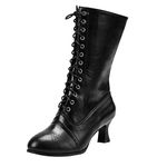 SoonerQuicker Ladies Lace Up Boots Calf Length Victorian Boots Women Leather Louis Heel Womens Vintage Boots Steampunk Gothic (5 UK, Black)