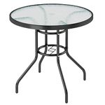 SogesGame 31 Inch Round Tempered Glass Patio Dining Table Patio Table Coffee Table Dining Bistro Table, for Outdoor Garden Balcony Backyard Poolside Lawn, with Umbrella Hole, Black