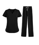 MEDSKIN Essential Scrubs Set for Women - Lightweight V-Neck Scrub Top & Yoga Waistband Trouser Pants (Black, S)