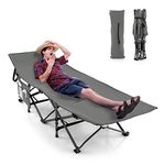 TANGZON Folding Camping Bed, Heavy Duty Steel Camping Cot with Carry Bag & Side Pocket, Portable Sleeping Cot for Office, Picnic, Hunting and Hiking (Grey, 272kg Weight Capacity)