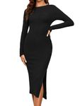 Famulily Women Work Dresses Elegant Casual Button Split Hem Sweater Dress Long Sleeve Plain Ribbed Knit Midi Dresses Black L