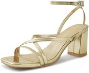 Shoe'N Tale Strappy Heels for Women Block Chunky Heels Open Square Toe Ankle Strap Buckle Sandals, Gold, 7 US