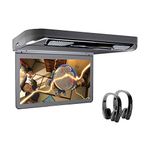 XTRONS 13.3"Car Overhead DVD Player with 2 Wireless IR Headphones,Slim MPV Roof Mounted Monitor with Slot Load DVD Drive support 1080P Video,120° Flip Down Wide Screen,HDMI Port and Door Control Light