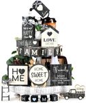 Mifoci 18 Pcs Farmhouse Tiered Tray Decor Home Wooden Signs Rustic Sweet Home Vintage Home Tabletop Spring Summer Table Centerpiece Black White Car Wood Block for Home Kitchen Table Bar Housewarming