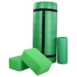 BalanceFrom All Purpose 1-Inch Extra Thick High Density Anti-Tear Exercise Yoga Mat and Knee Pad with Carrying Strap, Comes with A Pair of Yoga Blocks, Green