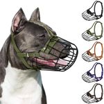 Pitbull Dog Muzzle Breathable Metal Basket for Large Dogs Amstaff Staffordshire Terrier Secure Wire Mask Adjustable Durable Leather Straps Biting Chewing Barking (Olive)