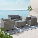 Gardeon Outdoor Sofa 4 Piece Wicker Lounge Setting Table and Chairs, Patio Furniture Rattan Modular Set Garden Pool Deck Backyard, Weather-Resistant Cushions Glass Tabletop Grey