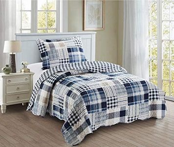 Brilliant Sunshine Blue Plaids and Stripes Patchwork, 2-Piece Quilt Set with 1 Sham, Reversible Bedspread, Soft Lightweight Coverlet, All-Season, Twin, Blue