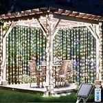 yowin Solar Curtain Lights 3x3M 300 LED Solar Fairy Lights Outdoor Garden with Remote, 8 Modes Gazebo Lights Waterproof Wall Fairy for Pergola Ramadan Mauquee Balocony Garden Decorations - White