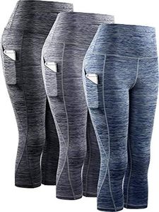 Neleus Women's Yoga Running Capris Tummy Control High Waist Workout Pants, 9034 Black/Grey/Navy Blue,3 Pack, Large