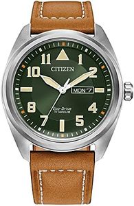 Citizen Men's Sport Casual Garrison 3-Hand Day/Date Eco-Drive Watch, Arabic Markers, Super Titanium®, Sapphire Crystal, Field Watch, Brown Strap/Green Dial, One Size, Brycen