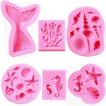 HASTHIP® Fondant Silicone Mold,Seashell,Conch, Mermaid Tail,Seahorse,Starfish,Coral, DIY Handmade Baking Tools for Mermaid Theme Cake Decoration(6pack)