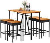 Devoko Patio Bar Set 5 Pieces Acacia Wood Patio High Top Bar Table and Stools Chairs Set Foldable Outdoor Bar Stools Set of 2 for Garden, Balcony