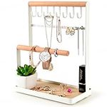 Jewelry Stand Holder, 4-Tier Necklace Hanging Wooden Ring Organizer Earring Tray, 8 Hooks 12 Earrings Holes Storage Necklaces, Bracelets, Rings & Watches On Desk Tabletop - White