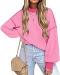 ETCYY Womens Sweaters Fall 2025 Batwing Long Sleeve Side Slit Knit Tops Crew Neck Striped Oversized Sweater Pullover Tops(M.Pink)