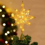 DIYDEC Christmas Tree Topper Lighted, 13.5'' Gold Glittered Xmas Hollow Star Treetop Toppers Ornaments with 20 LED Lights for Indoor Christmas Tree New Year Holiday Decorations