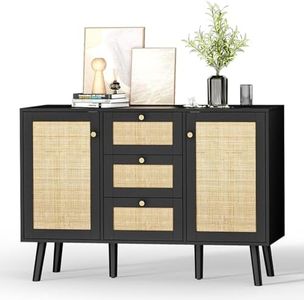 Giluta Black Storage Cabinet, Rattan Sideboard Cabinet, Kitchen Cabinet with Drawers and Shelves, Farmhouse Coffee Bar Pantry Cabinets with Storage