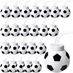 24 Set Soccer Ball Cups with Straws and Lids, 10 oz Plastic Reusable Soccer Party Cups Bulk for Kids Birthday Theme Party Supplies