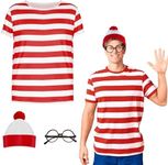 Wally Costume Cosplay Accessories Set with Red and White Striped T-Shirt, Beanie Hat, Black Nerd Glasses Fancy Dress for Adult, Kids World Book Day, Halloween，School Dress up Day