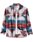 VIEWON Men's Casual Aztec Print Button Down Woolen Long Sleeve Lightweight Lapel Western Shacket Jacket Coat, Red, Medium