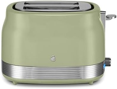 Swan ST19028GRN Retro 2 Slice Toaster with 6 Browning Levels for Toast, Bagels, Breakfast Muffins, Defrost/Reheat/Cancel, Hidden Cord Storage, Non-Slip Feet, 930W, Green and Stainless Steel