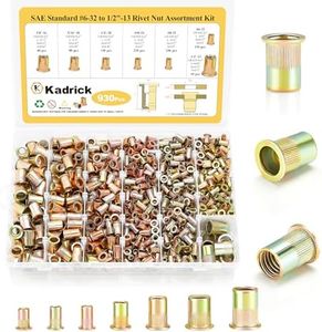Kadrick Rivet Nut Kit, 930pcs SAE Rivet Nut Assortment Kit Galvanized Carbon Steel Flat Head Threaded Insert Nuts, Sizes 6-32 8-32 10-24 1/4"-20 5/16"-18 3/8"-16 1/2''-13