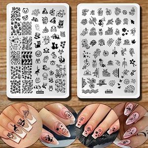 2pcs Floral Animal Series Nail Stamping Plates Template Plants Unicorn Nail Stamp Plates Cute Cat Panda Fox Manicure Image Stamper Plate Flowers Stainless Steel Nail Art Stencil