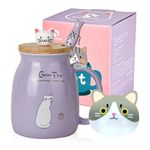 SHENDONG Cat Mug Cute Ceramic Coffee Cup with Kawaii Cat Wooden Lid and Lovely Stainless Steel Spoon Novelty Morning Cup Coffee Milk Tea Mugs - 3D Animal Cat Mugs for Cat Lovers Women Gifts(Purple)