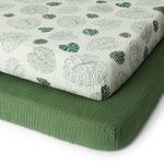 Muslin Mini Crib Sheets, Pack and Play Sheets Fitted, Pack N Play Mattress Sheets for Baby Girls and Boys, Soft and Breathable, Boho Baby Girl Nursery Decor, 2 Pack (Monstera Leaves&Dark Green)