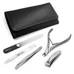 GERManikure 5pc matte stainless steel manicure set in black leather case with magnetic closure