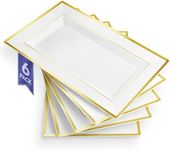 Premium White and Gold Plastic Serving Tray 9x13, Large Plastic Serving Platter Disposable, White Rectangle Party Trays and Platters for Fruit, Dessert, Cookies, Appetizers, Holiday Parties