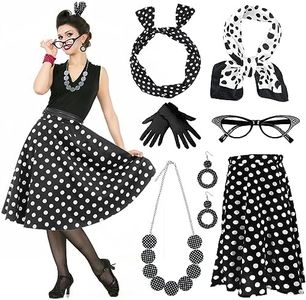 FEBALHS 50s Costumes for Women, Halloween Outfit Accessories with Polka Dot Skirt Eyeglasses Bandanas Earrings Necklace (XL)